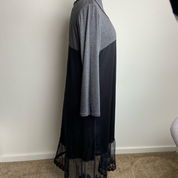 Celeste 3X Midi/Maxi O'Neck Black/Gray Block Lace Hem Ragland Sleeve Comfy Dress - Picture 2 of 7